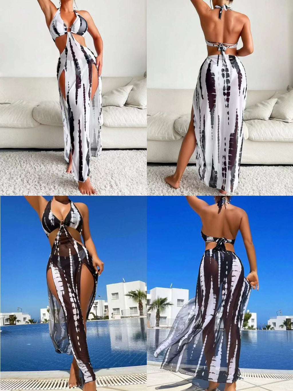 Woman wearing a black and white striped dress in various settings.