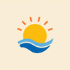 A minimalist vector logo featuring a yellow sun with orange rays rising over blue and light blue waves, centered on a solid pale beige background.